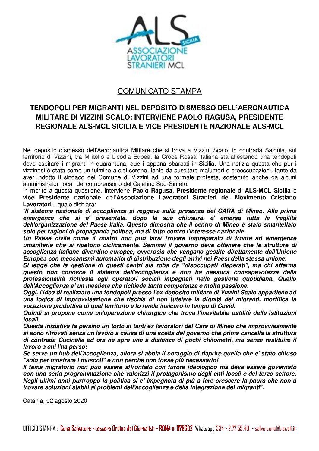 Com. Stampa (02/08/2020) TENDOPOLI PER MIGRANTI NEL DEPOSITO DISMESSO DELL’AERONAUTICA MILITARE DI VIZZINI SCALO: INTERVIENE PAOLO RAGUSA, PRESIDENTE REGIONALE ALS-MCL SICILIA E VICE PRESIDENTE NAZIONALE ALS-MCL