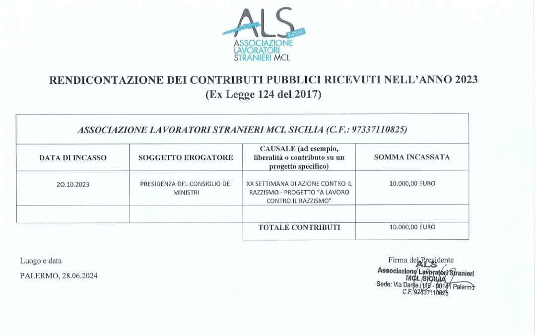 Rendicontazione contributi pubblici ricevuti nell’anno 2023